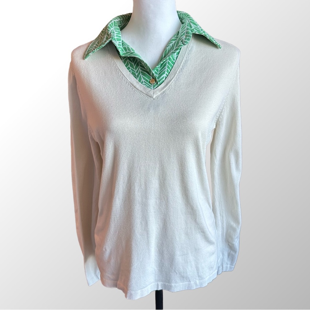 J.McLaughlin Sweater Women Large Cream‎ Green Layered Collar V-Neck Long Sleeve
